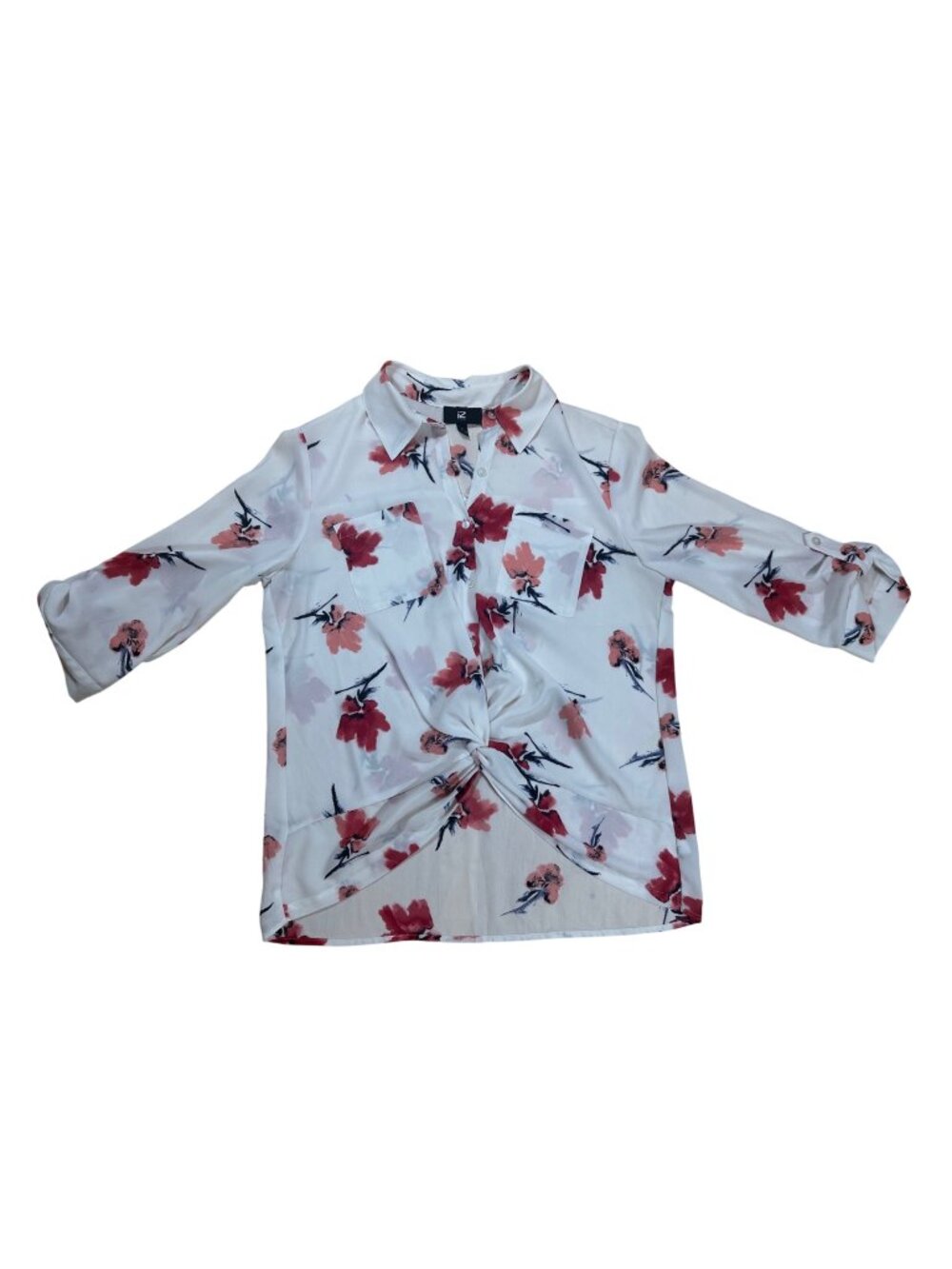 iZByer Floral Blouse Large White Red Rose Twist Knot Front Button Down Top